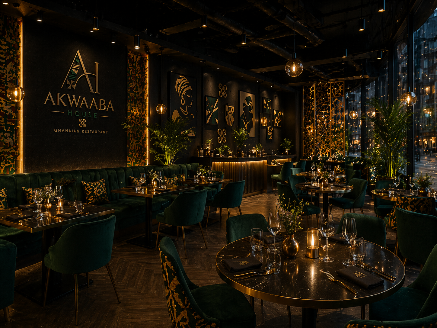 Elegant Akwaaba House restaurant interior in London
